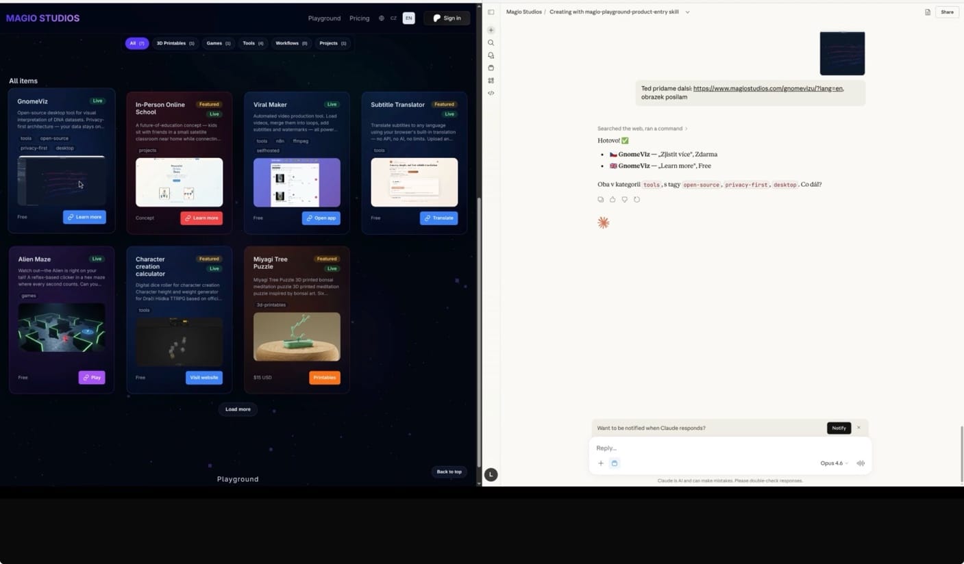 AI-powered publishing workflow — Claude chat creating product entries on Magio Playground in real time