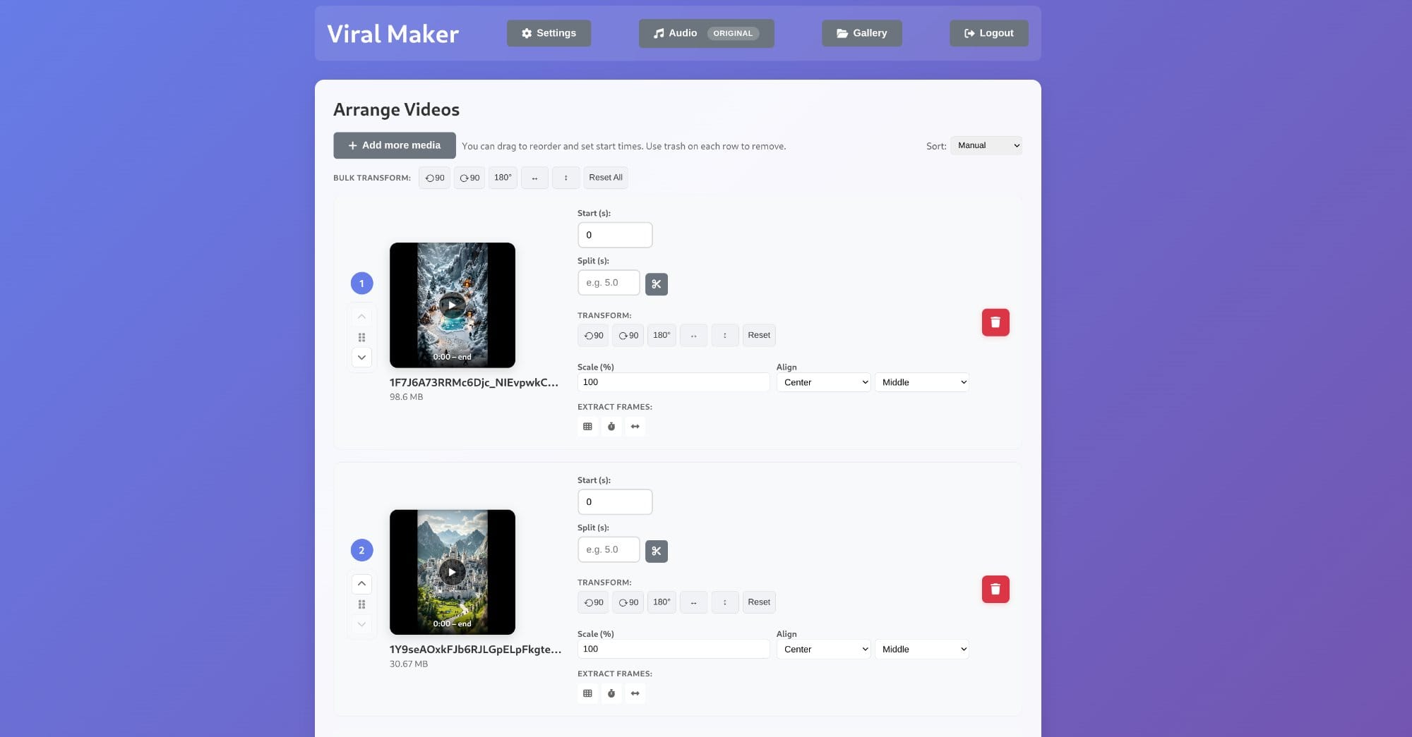 Viral Maker — rozhraní pro skládání videí s ovládáním transformací a střihů